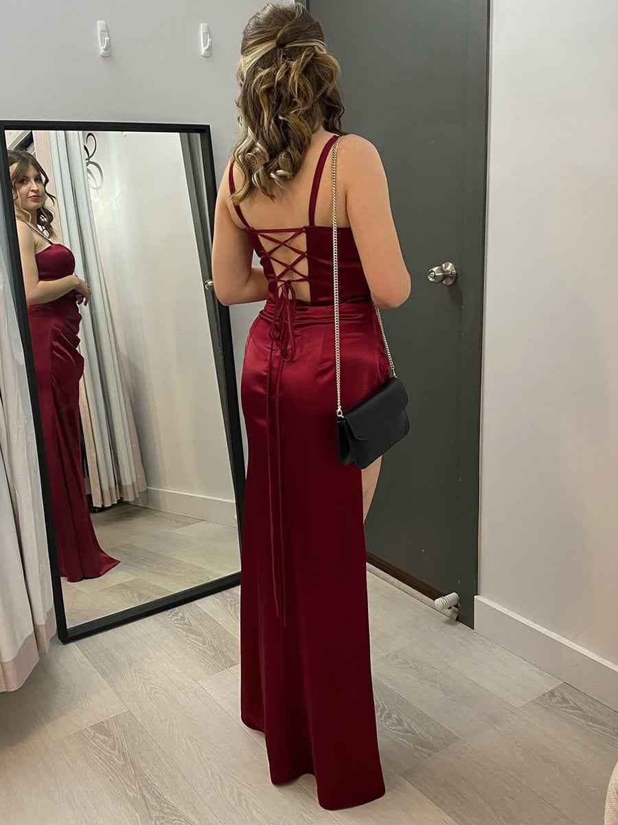 Burgundy Satin Spaghetti Strap Ruched Prom Dress with High Slit BMBRIDE
