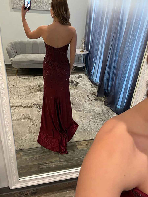 Burgundy Sparkly Cowl Neckline Corset Prom Dress with Slit BMBRIDE
