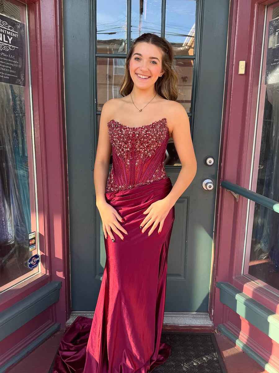 Burgundy Strapless Satin Beaded Corset Ruched Waist Prom Dress