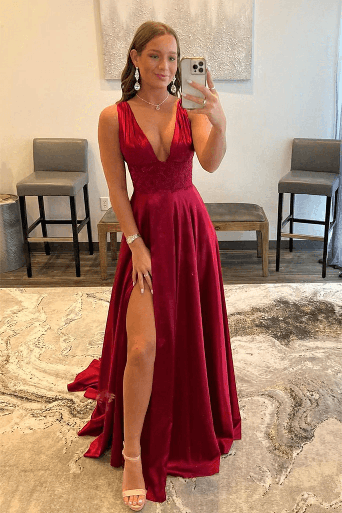 Striking Burgundy V Neck Lace Long Prom Evening Dress with High Slit BM bride