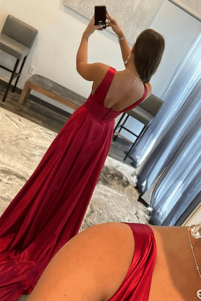 Striking Burgundy V Neck Lace Long Prom Evening Dress with High Slit BM bride