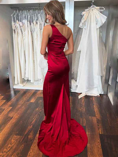 Burgundy Mermaid One Shoulder Satin Pleated Prom Dress with Slit BMBRIDE
