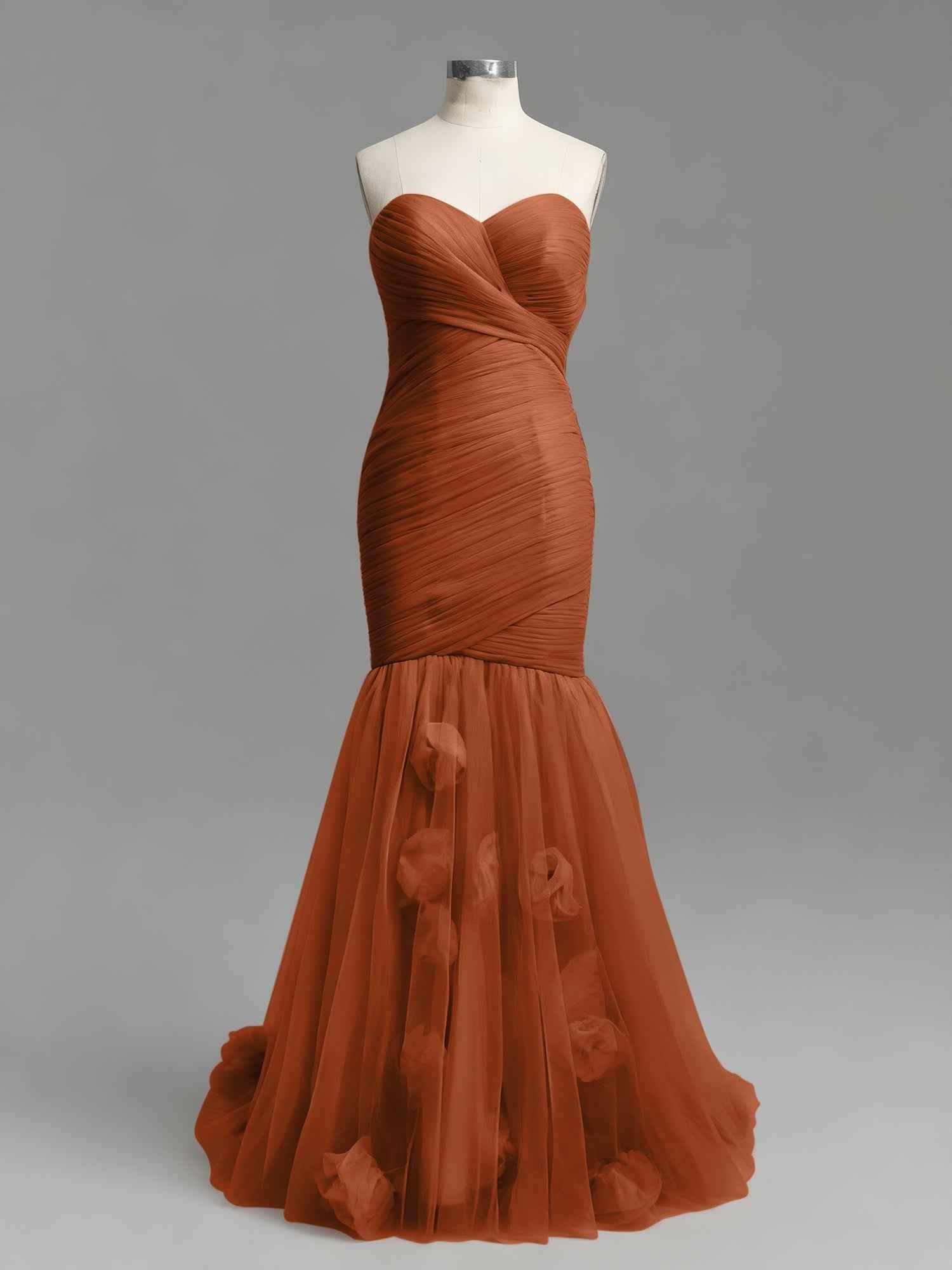 Dusty Rose Mermaid Strapless Ruched Tulle Prom Dress with 3D Floral