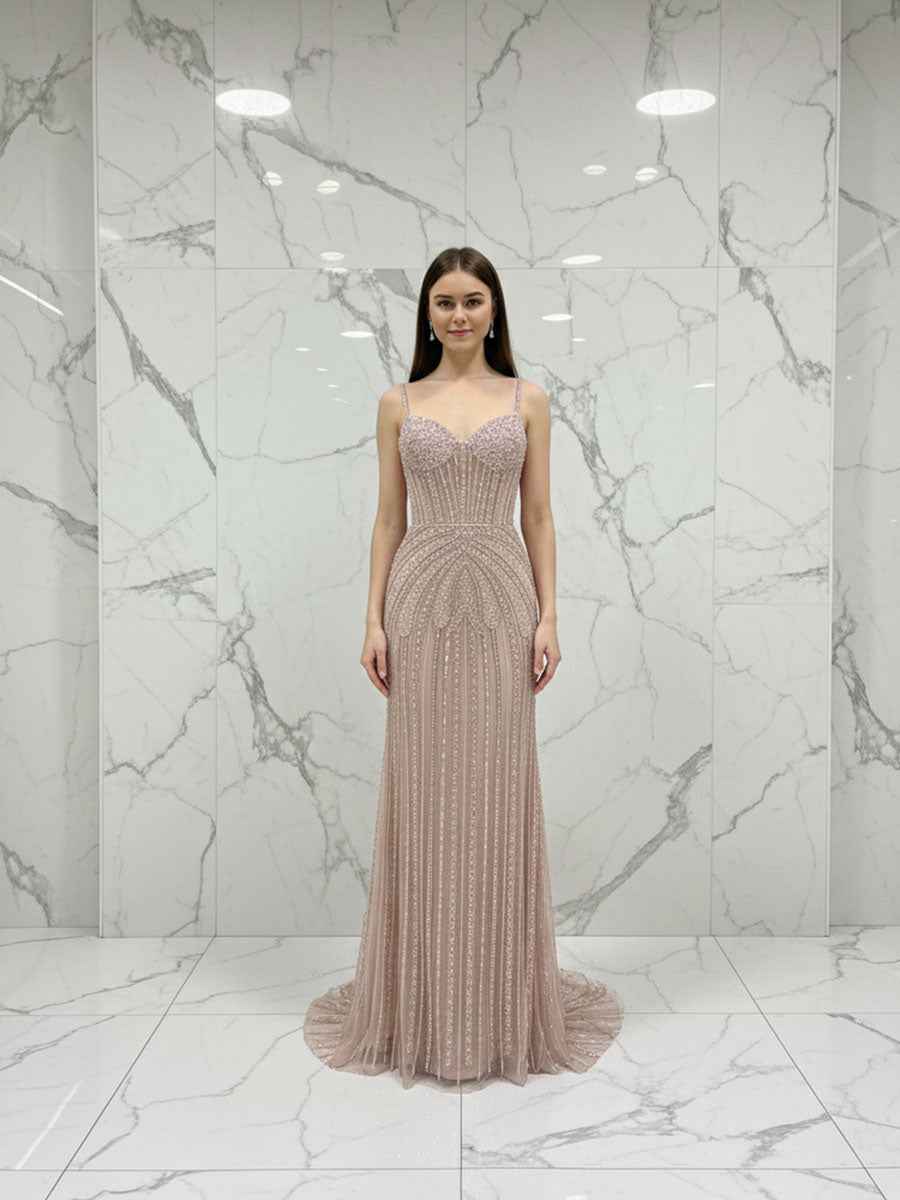 Celestial Silver Beaded Illusion Prom Dress with Overskirt