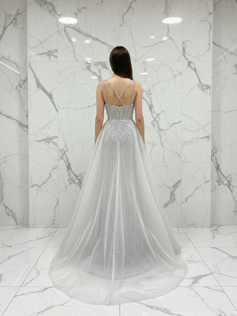 Celestial Silver Beaded Illusion Prom Dress with Overskirt