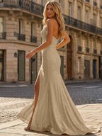 Yellow Beaded Halter Corset Prom Dress with High Slit