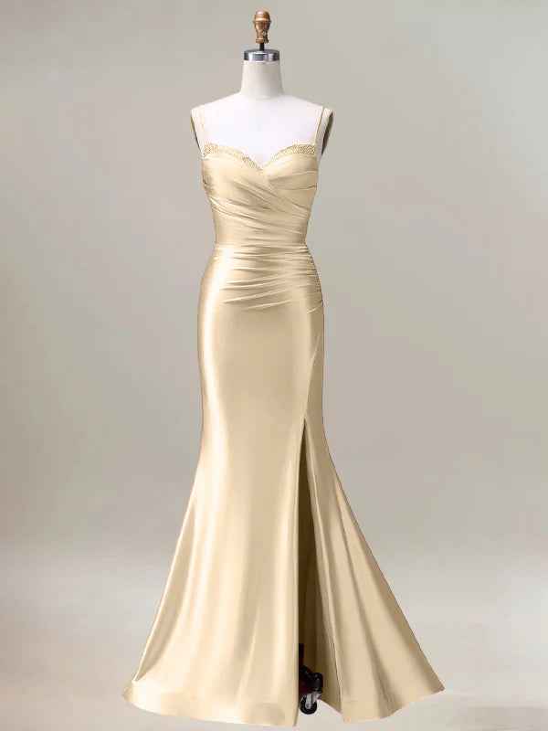 Champagne Mermaid Spaghetti Straps Pleated Long Prom Dress with Slit