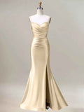 Champagne Mermaid Spaghetti Straps Pleated Long Prom Dress with Slit