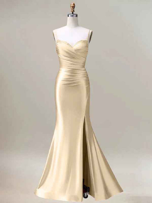 Champagne Mermaid Spaghetti Straps Pleated Long Prom Dress with Slit BMBRIDE