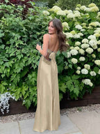 Blue A Line V-neck Beaded Back Tie Long Prom Dress