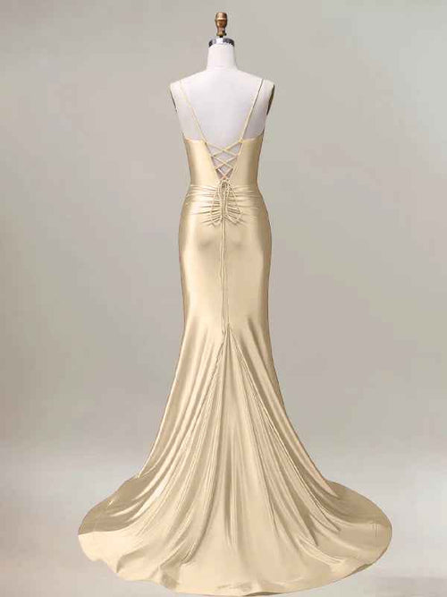 Champagne Mermaid Spaghetti Straps Pleated Long Prom Dress with Slit BMBRIDE