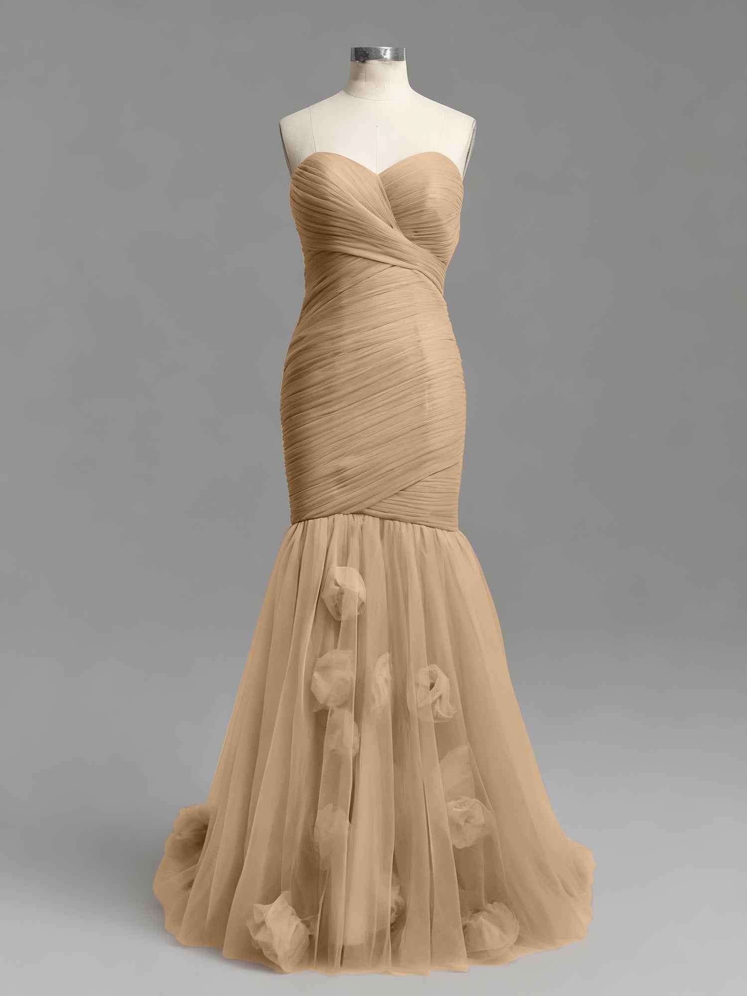 Dusty Rose Mermaid Strapless Ruched Tulle Prom Dress with 3D Floral