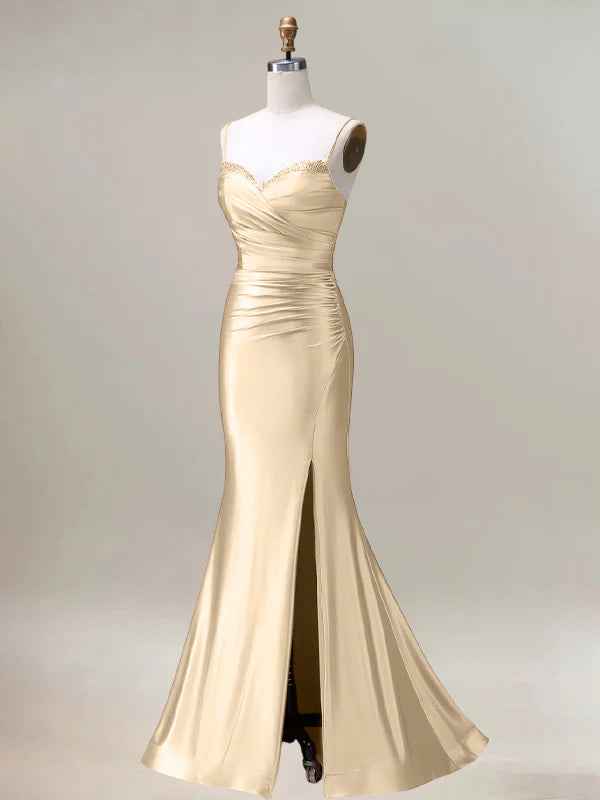 Champagne Mermaid Spaghetti Straps Pleated Long Prom Dress with Slit