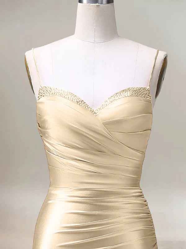 Champagne Mermaid Spaghetti Straps Pleated Long Prom Dress with Slit