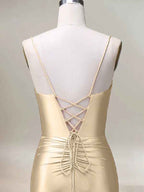 Champagne Mermaid Spaghetti Straps Pleated Long Prom Dress with Slit