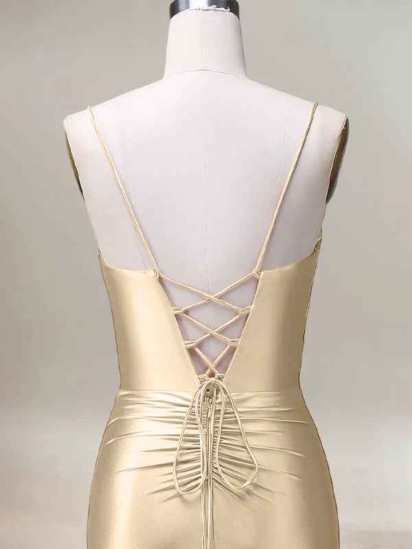 Champagne Mermaid Spaghetti Straps Pleated Long Prom Dress with Slit