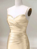 Champagne Mermaid Spaghetti Straps Pleated Long Prom Dress with Slit