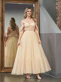 Exquisite A-Line Champagne Tulle Sweetheart Tea-Length Prom Dress BM bride