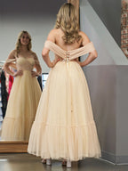 Exquisite A-Line Champagne Tulle Sweetheart Tea-Length Prom Dress BM bride
