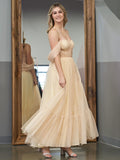 Exquisite A-Line Champagne Tulle Sweetheart Tea-Length Prom Dress BM bride