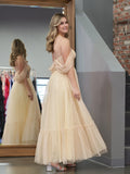 Exquisite A-Line Champagne Tulle Sweetheart Tea-Length Prom Dress BM bride