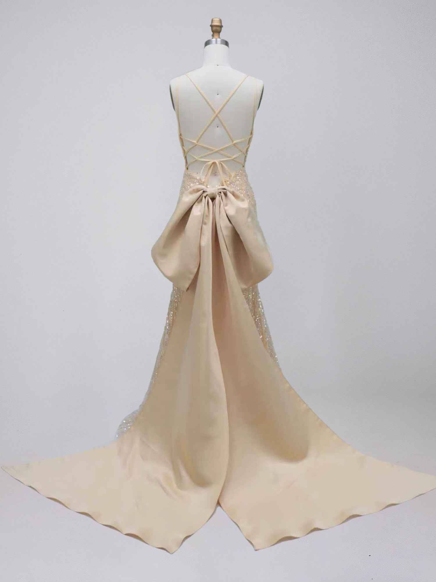 Champagne Gold Sequin Satin Train Mermaid Prom Dress with Bow