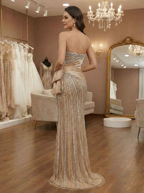 Champagne Strapless Sweetheart Beaded Satin Drape Prom Dress BMBRIDE