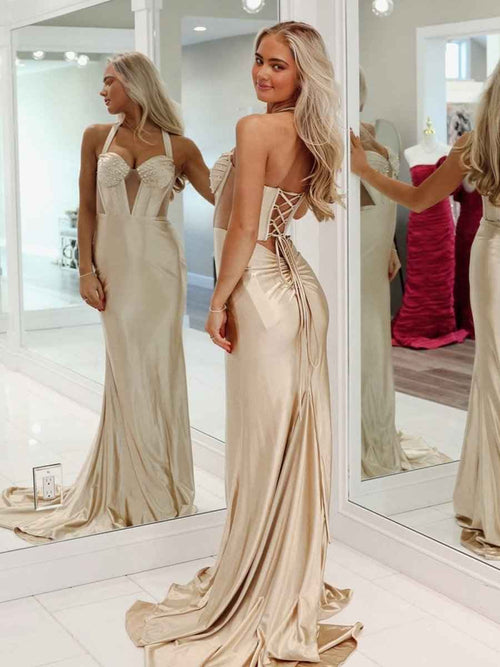 Champagne Mermaid Halter Satin Long Prom Dresses with Beading BMBRIDE