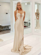 Champagne Mermaid Halter Satin Long Prom Dresses with Beading