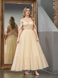 Exquisite A-Line Champagne Tulle Sweetheart Tea-Length Prom Dress BM bride