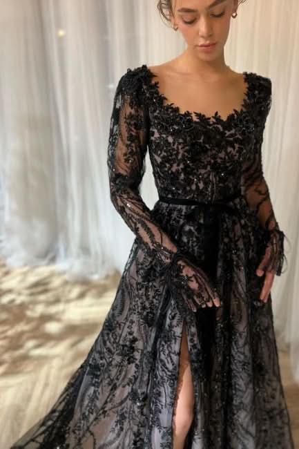 BMbride Charming Long Black A-line Lace Glitter Long Sleeves Wedding Dress with Slit BMbride