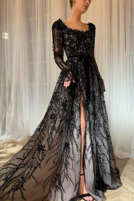 BMbride Charming Long Black A-line Lace Glitter Long Sleeves Wedding Dress with Slit BMbride