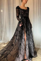 BMbride Charming Long Black A-line Lace Glitter Long Sleeves Wedding Dress with Slit BMbride