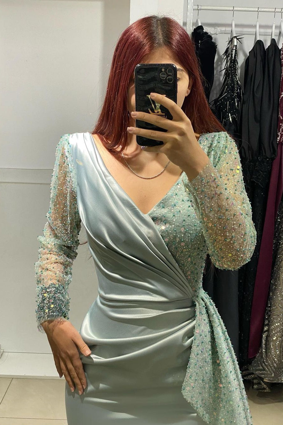 BMbride Charming Long V-Neck Long Sleeves Mermaid Prom Dress With Rhinestone BMbride