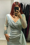 BMbride Charming Long V-Neck Long Sleeves Mermaid Prom Dress With Rhinestone BMbride