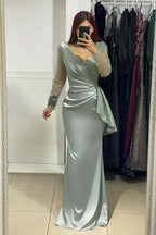 BMbride Charming Long V-Neck Long Sleeves Mermaid Prom Dress With Rhinestone BMbride
