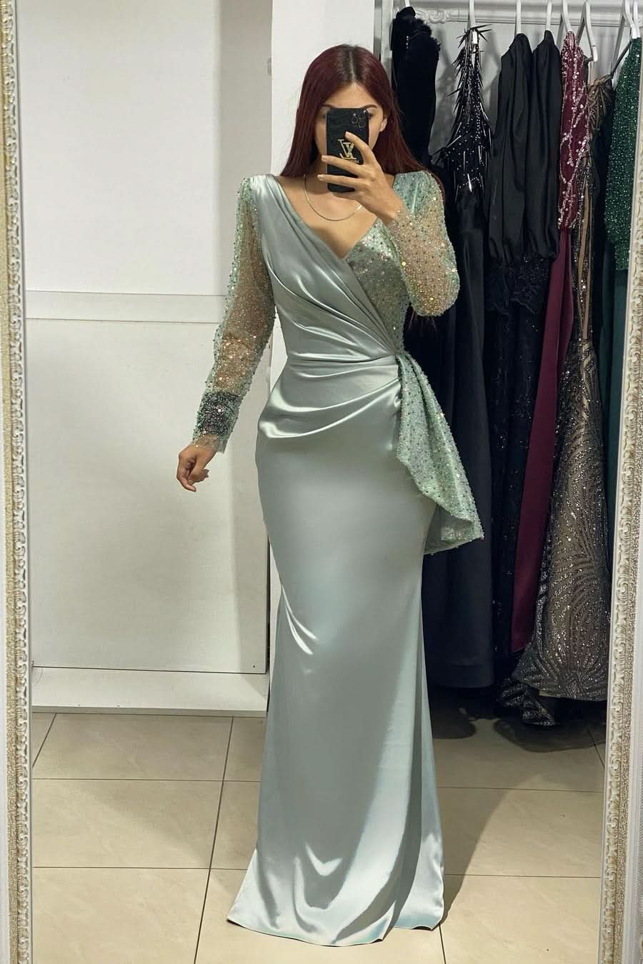 BMbride Charming Long V-Neck Long Sleeves Mermaid Prom Dress With Rhinestone BMbride