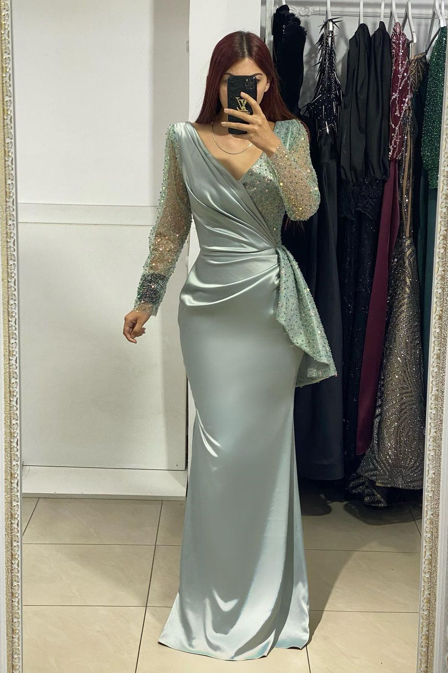 BMbride Charming Long V-Neck Long Sleeves Mermaid Prom Dress With Rhinestone BMbride