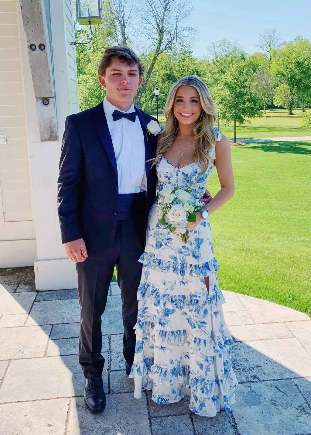 Blue Print A-Line Strapless Tiered Long Prom Dress