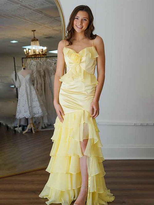 Yellow Mermaid Spaghetti Straps Keyhole Back Long Prom Dress with Ruffle Skirt BMBRIDE