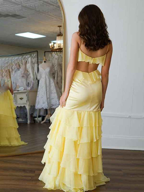 Yellow Mermaid Spaghetti Straps Keyhole Back Long Prom Dress with Ruffle Skirt BMBRIDE