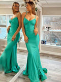 Green Mermaid Spaghetti Straps Lace Up Long Satin Prom Dress