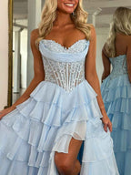 Chiffon A-Line Strapless Empire Tiered Long Prom Dress With Slit