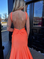 Coral Plunging V-Neck Sheath Prom Dress with Slit