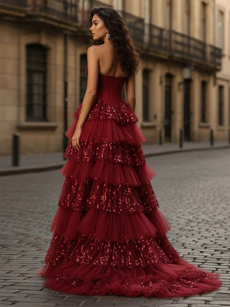 Red Corset Bodice Tiered Long Prom Dress with 3D Floral Appliqu¡§|s