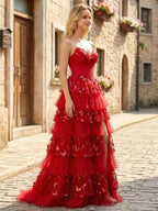 Red Corset Bodice Tiered Long Prom Dress with 3D Floral Appliqu¡§|s
