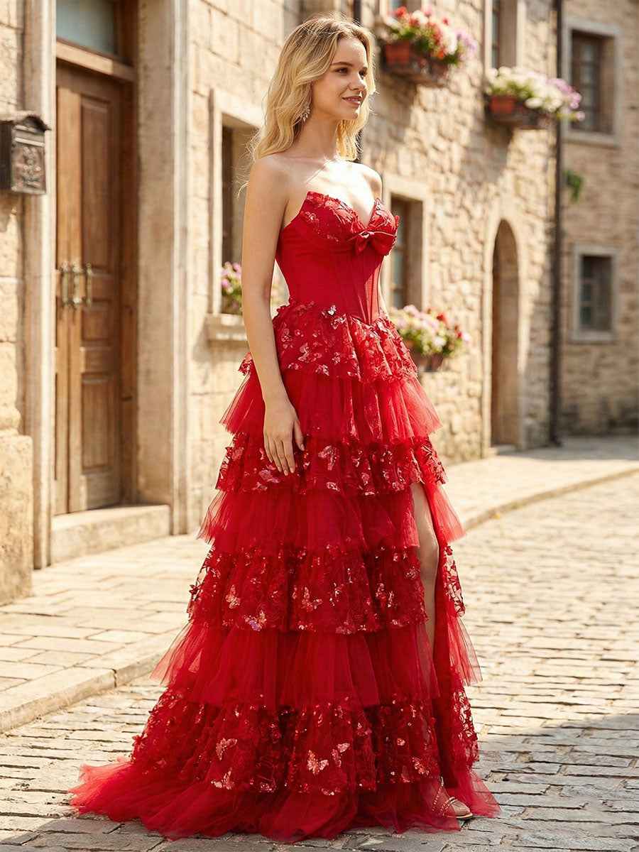 Corset Bodice Tiered Long Prom Dress with 3D Floral Appliqu¡§|s