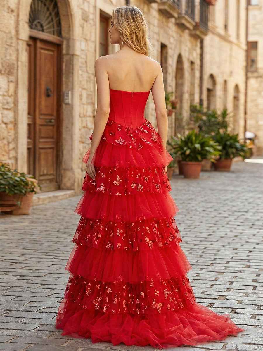 Corset Bodice Tiered Long Prom Dress with 3D Floral Appliqu¡§|s