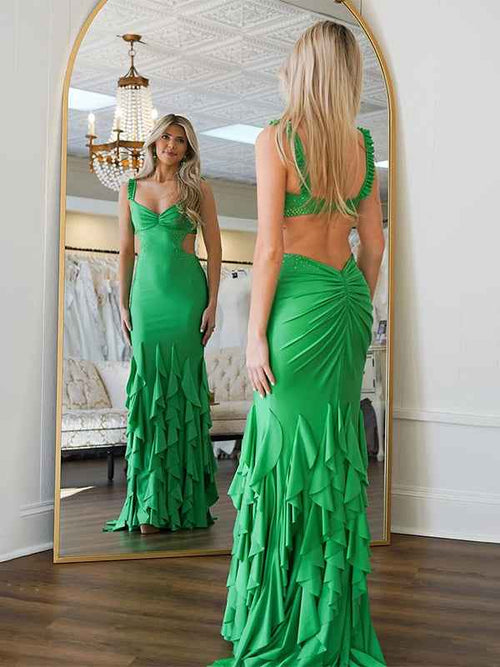 Green Mermaid Straps Waist Hollow Long Prom Dress with Beading BMBRIDE