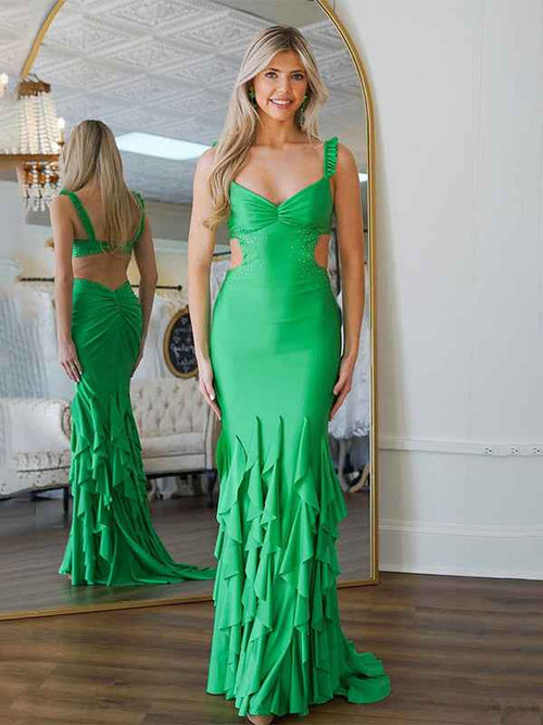 Green Mermaid Straps Waist Hollow Long Prom Dress with Beading BMBRIDE